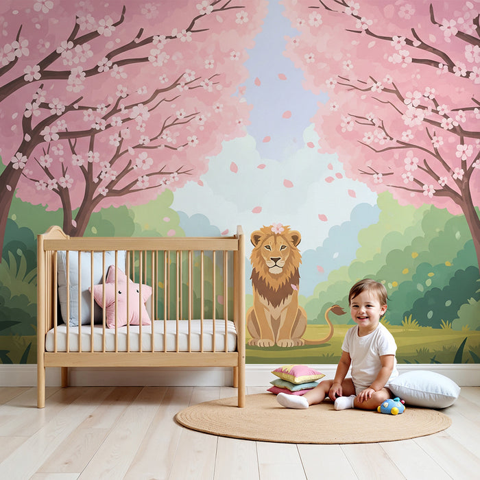 Kinderzimmer Tapete | Löwe unter blühenden Kirschblüten