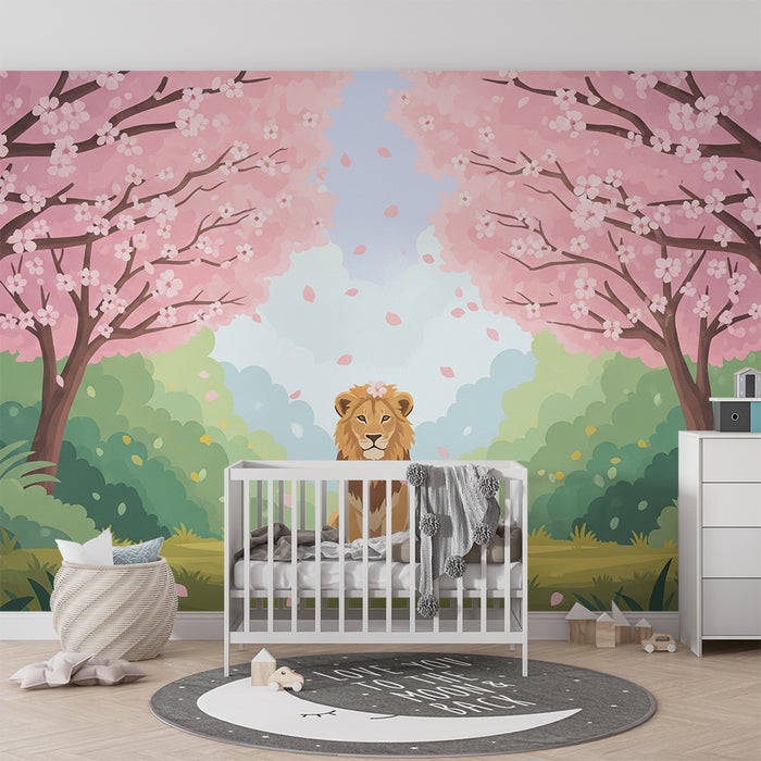 Kinderzimmer Tapete | Löwe unter blühenden Kirschblüten