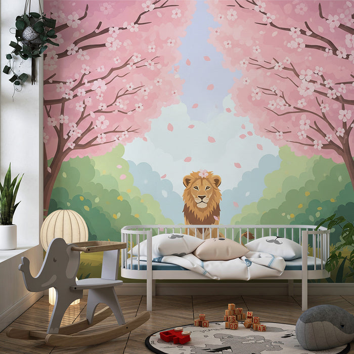 Kinderzimmer Tapete | Löwe unter blühenden Kirschblüten