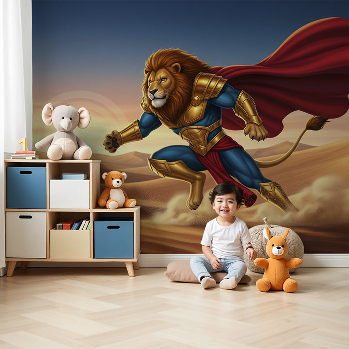 Kids room wallpaper | Lion superhero in the desert