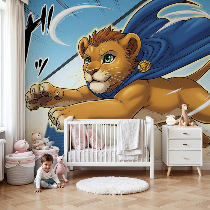 Papel de parede para quarto infantil | Leão super-herói em plena ação