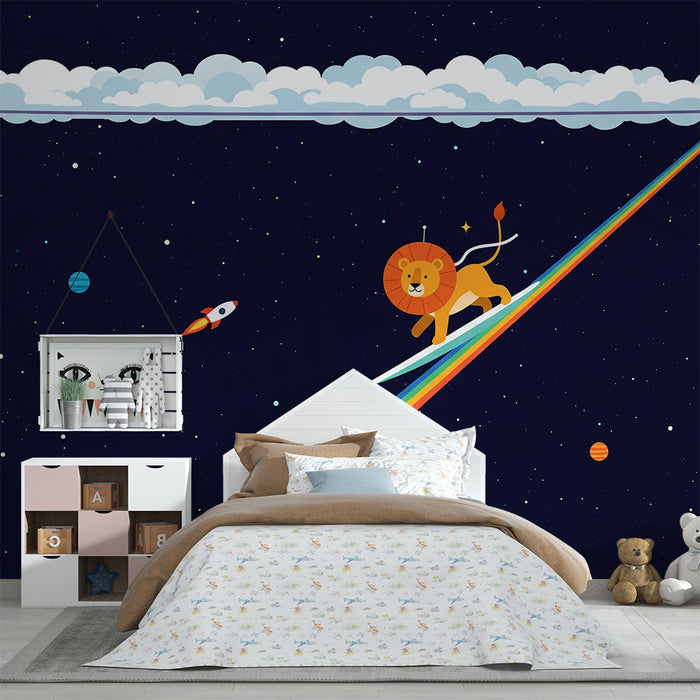 Tapeta do detskej izby | Lev na dúhe v hviezdnej galaxii