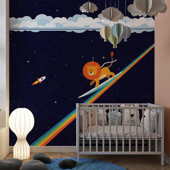 Tapeta do detskej izby | Lev na dúhe v hviezdnej galaxii