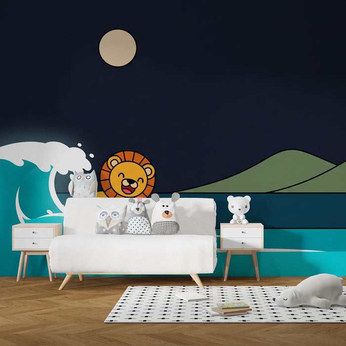 Papier peint chambre enfant | Lion surfeur dans la nuit étoilée