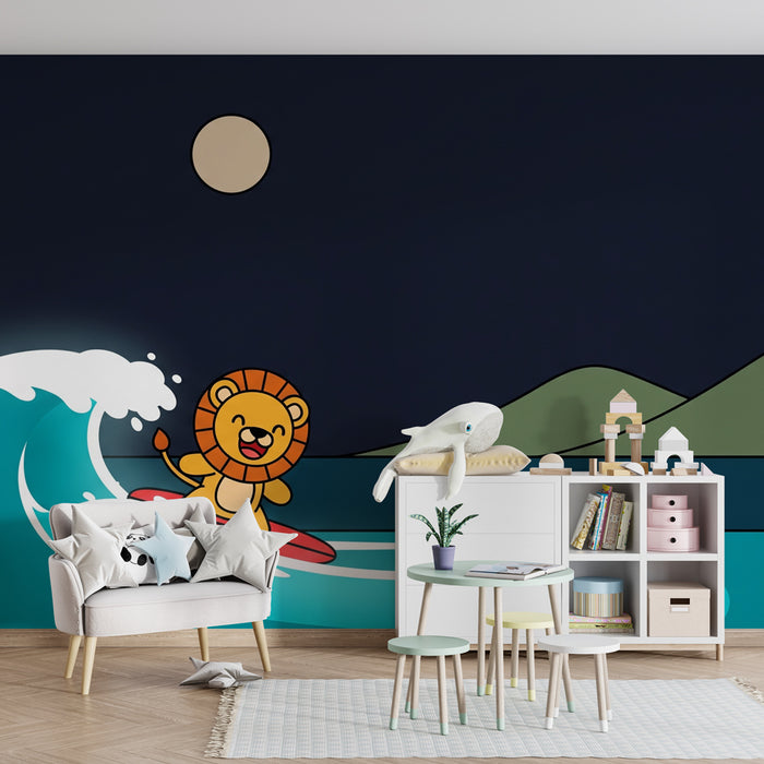 Papier peint chambre enfant | Lion surfeur dans la nuit étoilée