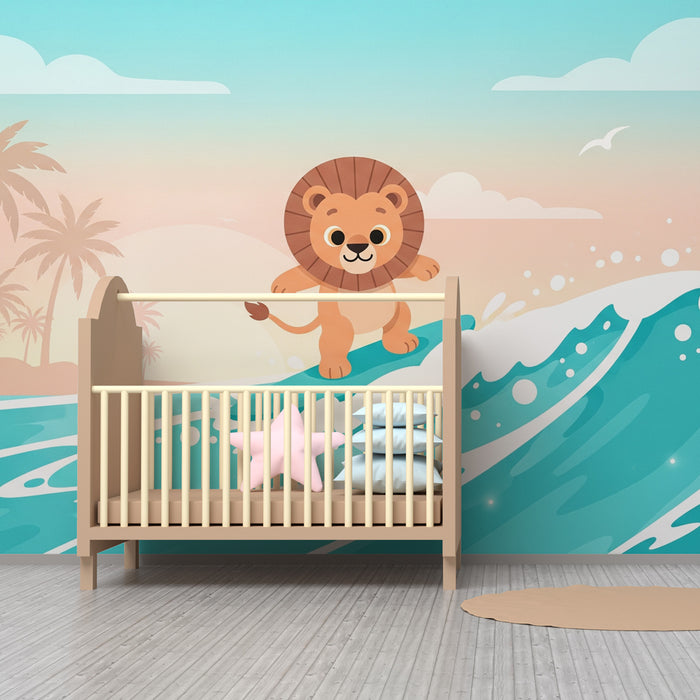 Tapety dla dzieci | Lew surfer w tropikalnej ramce