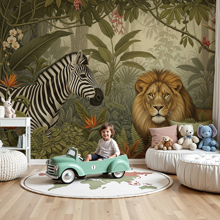 Papier peint chambre enfant | Lion zèbre et perroquets dans la jungle