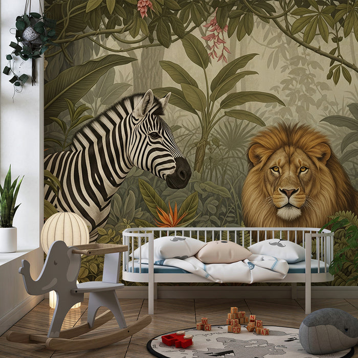 Papier peint chambre enfant | Lion zèbre et perroquets dans la jungle