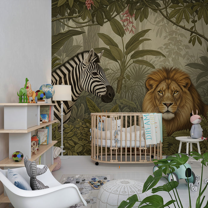 Papier peint chambre enfant | Lion zèbre et perroquets dans la jungle
