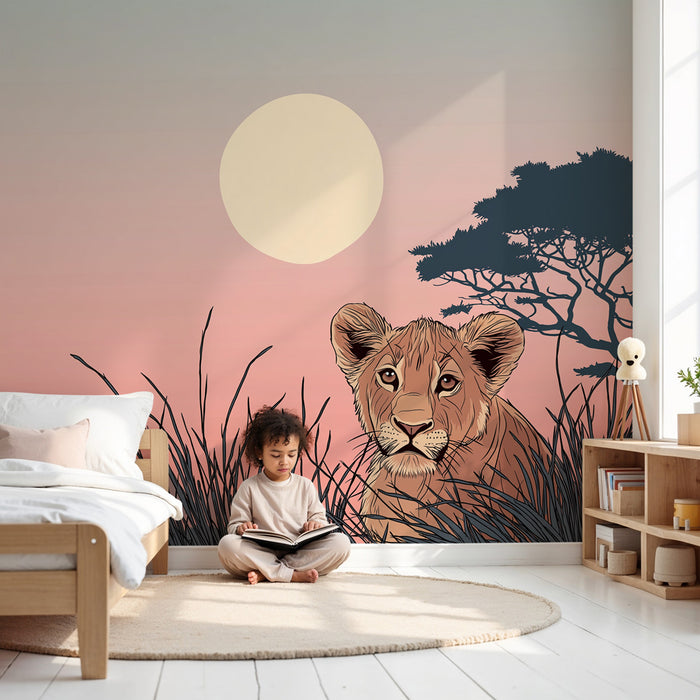 Kinderzimmer Tapete | Löwenbaby bei Sonnenuntergang