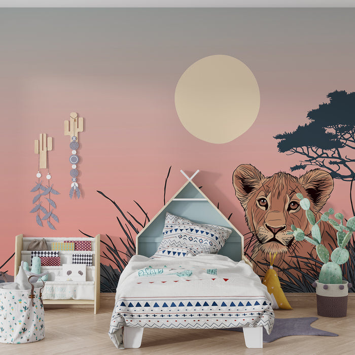 Kinderzimmer Tapete | Löwenbaby bei Sonnenuntergang