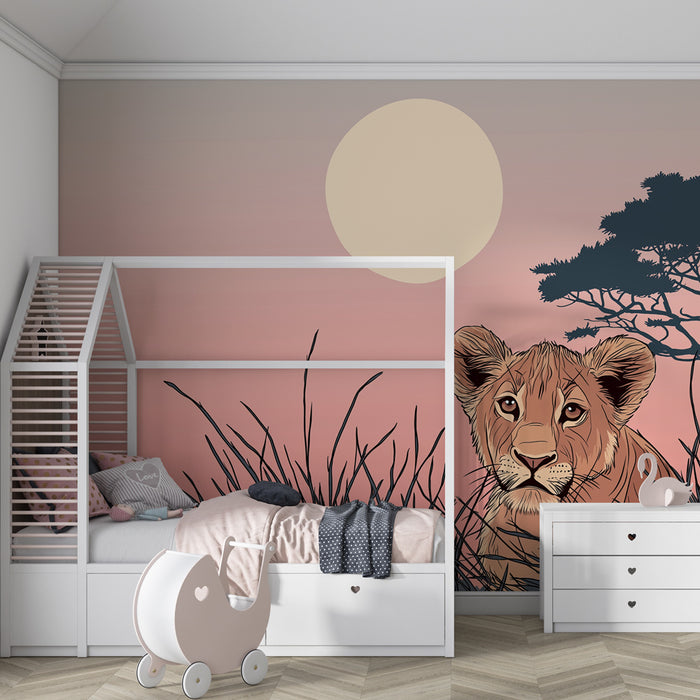 Kinderzimmer Tapete | Löwenbaby bei Sonnenuntergang