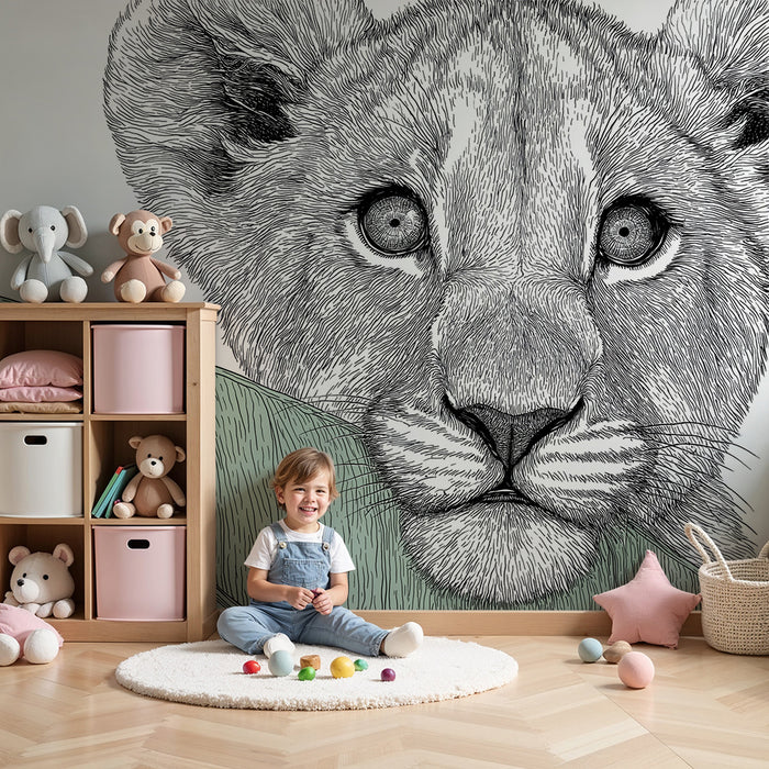 Carta da parati bambini | Cucciolo di leone curioso con fogliame tropicale