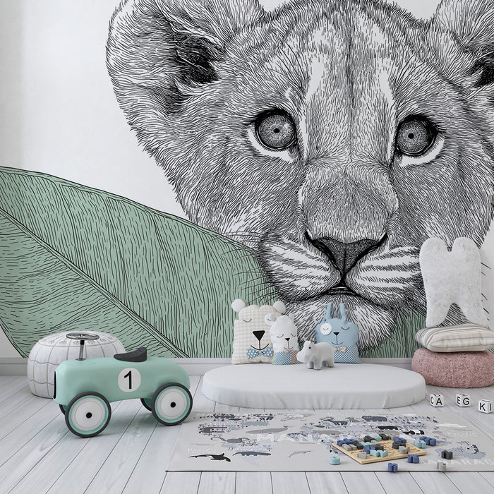 Carta da parati bambini | Cucciolo di leone curioso con fogliame tropicale