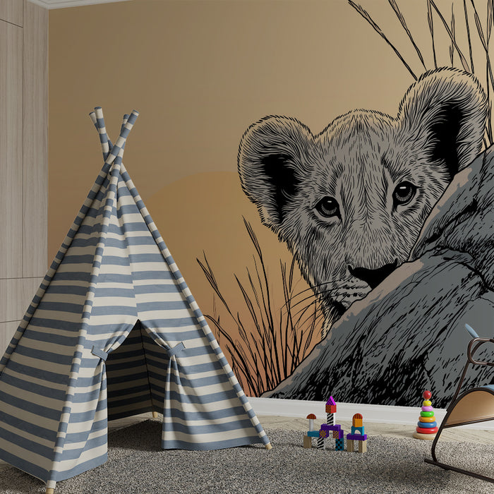 Papier de parede dječja soba | Radoznali lavčić u afričkom krajoliku