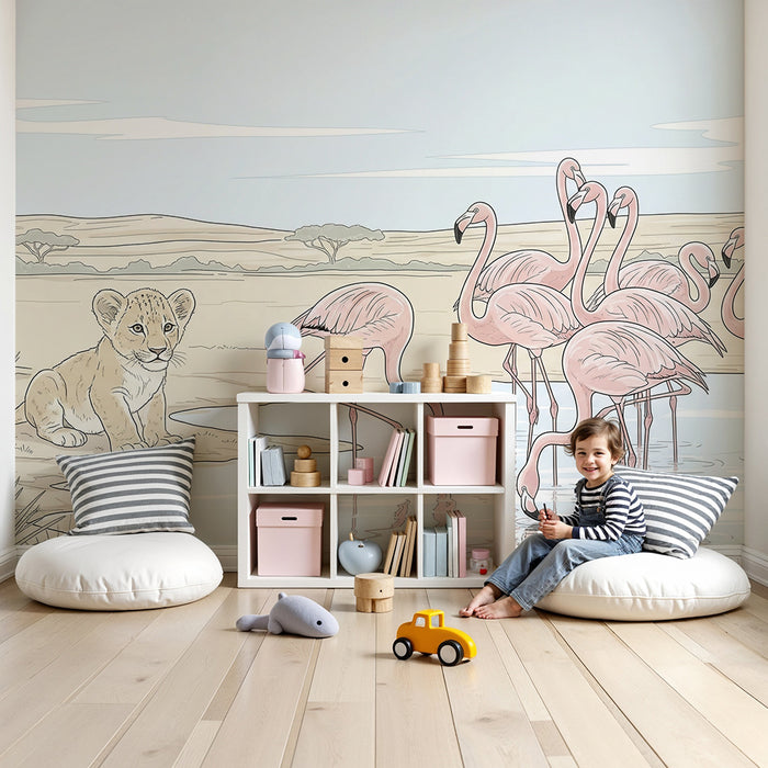 Papier peint chambre enfant | Lionceau curieux et flamants roses au bord de l'eau