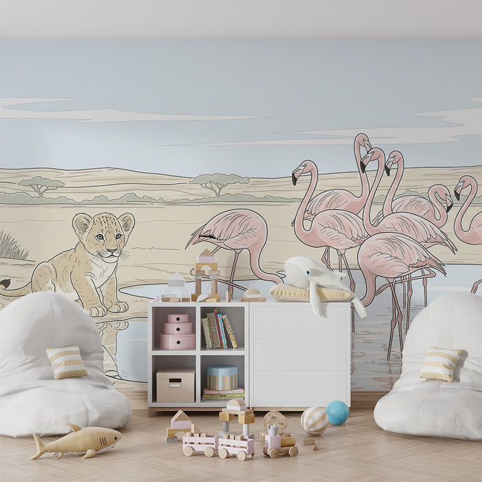 Papier peint chambre enfant | Lionceau curieux et flamants roses au bord de l'eau