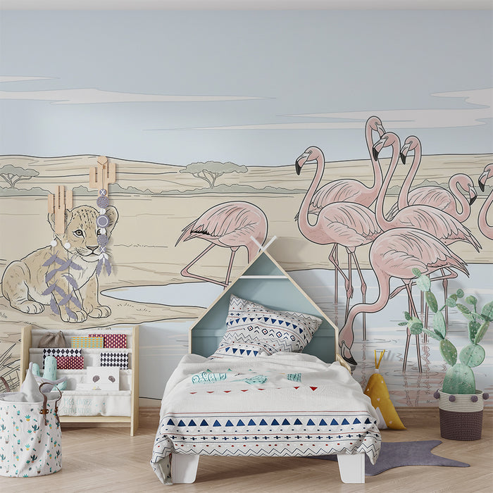 Papier peint chambre enfant | Lionceau curieux et flamants roses au bord de l'eau