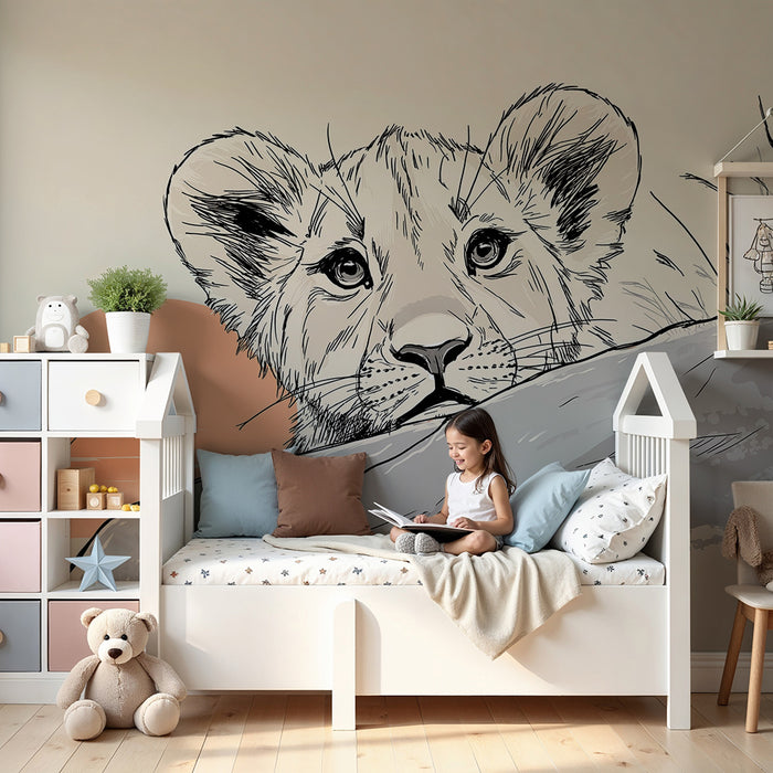 Kids room wallpaper | Curious lion cub under a sunset