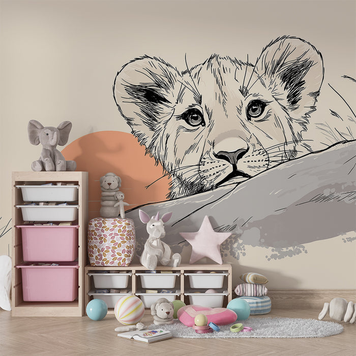 Kids room wallpaper | Curious lion cub under a sunset