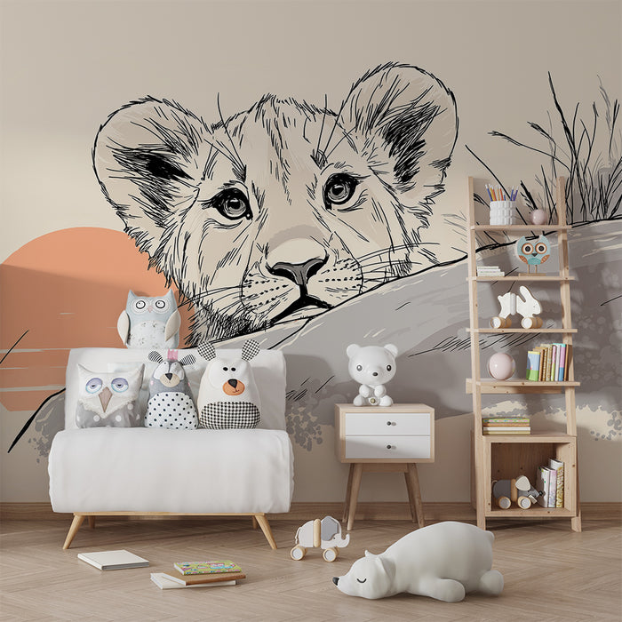 Kids room wallpaper | Curious lion cub under a sunset