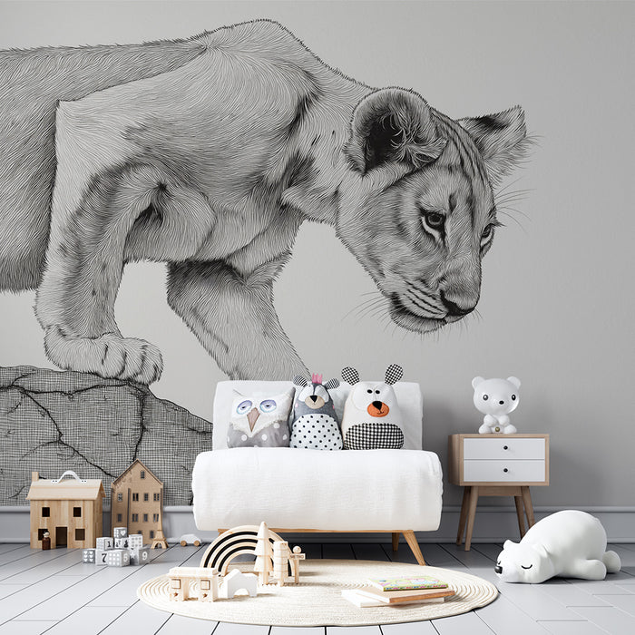 Papel pintado infantil | Cachorro de león curioso en una roca