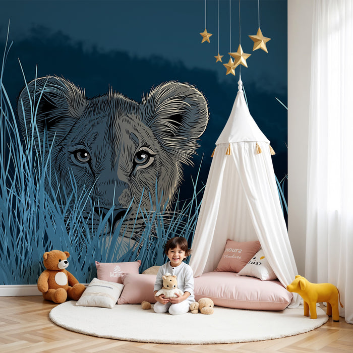 Kids room wallpaper | Lion cub in the grass