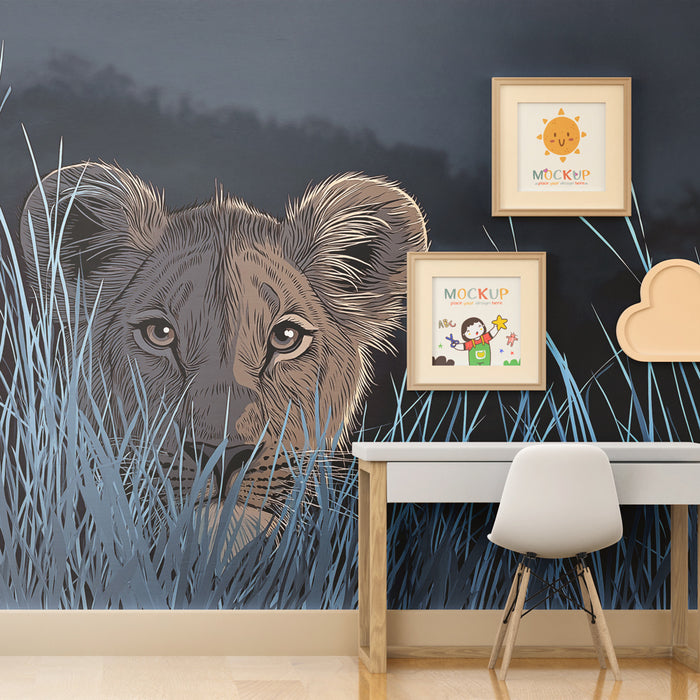 Kids room wallpaper | Lion cub in the grass