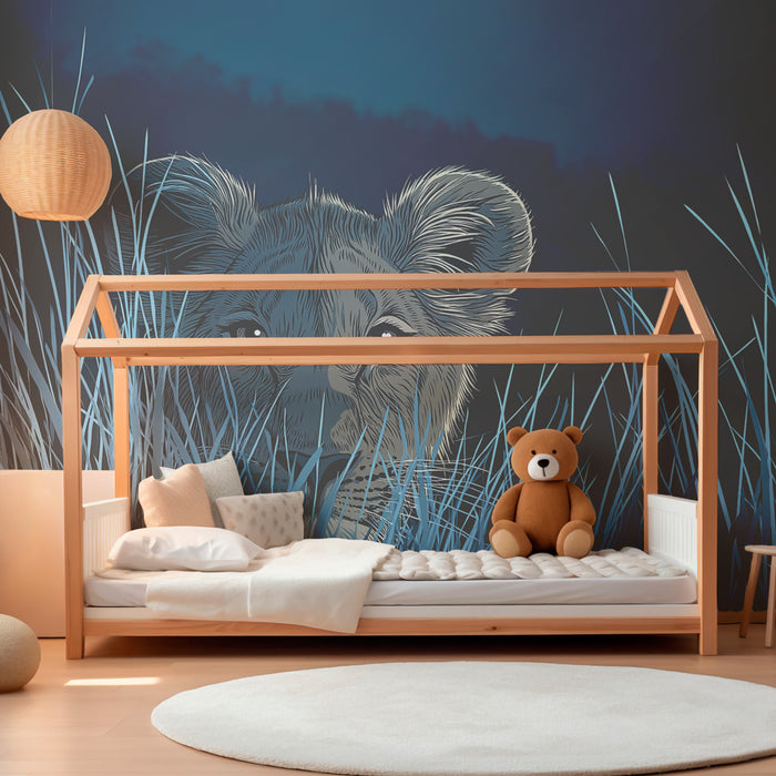 Kids room wallpaper | Lion cub in the grass