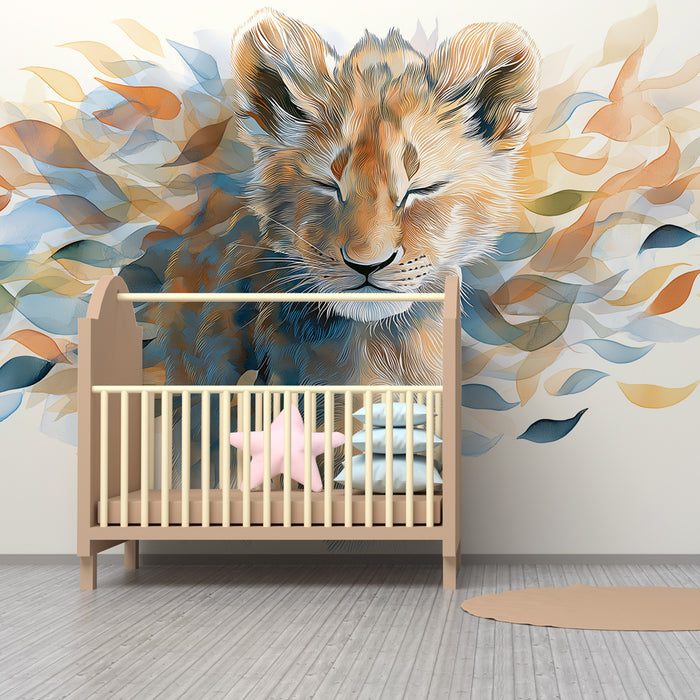 Kids room wallpaper | Lion cub in a colorful world