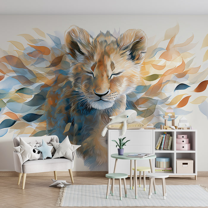 Kids room wallpaper | Lion cub in a colorful world