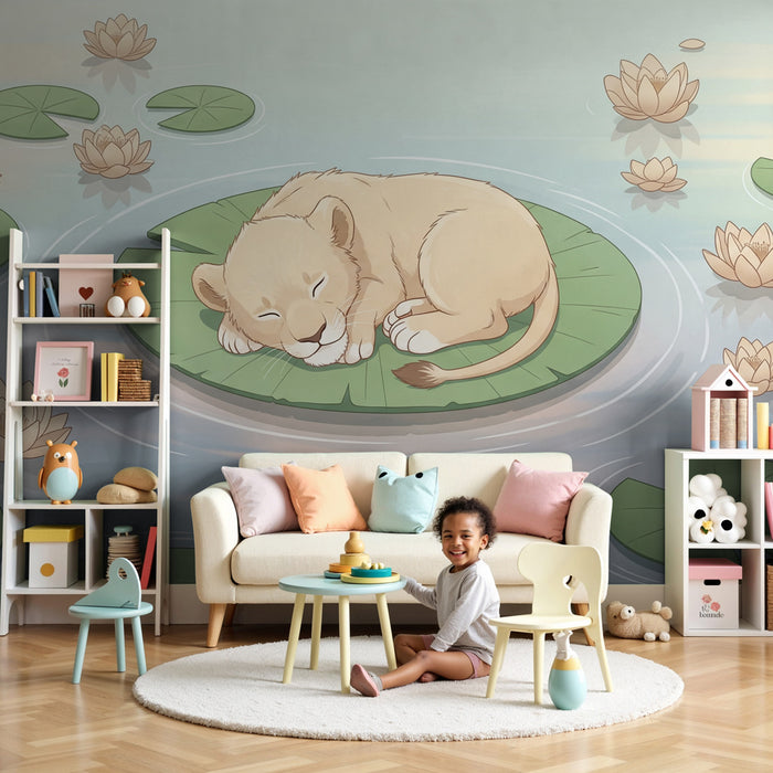 Kinderzimmer Tapete | Löwenbaby wird auf einer Seerose verwöhnt