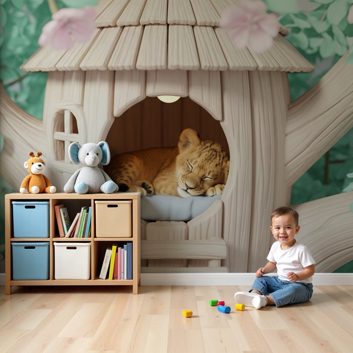Kinderzimmer Tapete | Schlafender Löwenjunges in seinem Baumhaus