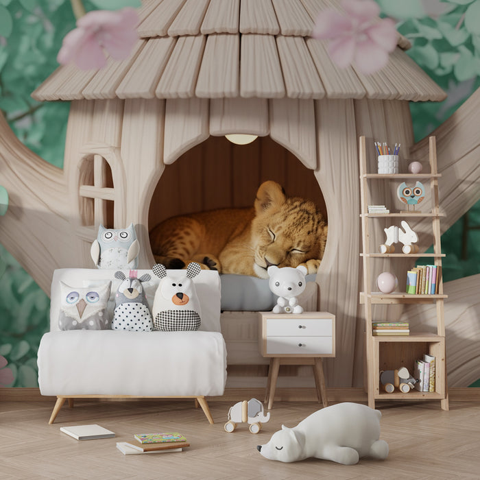 Kinderzimmer Tapete | Schlafender Löwenjunges in seinem Baumhaus