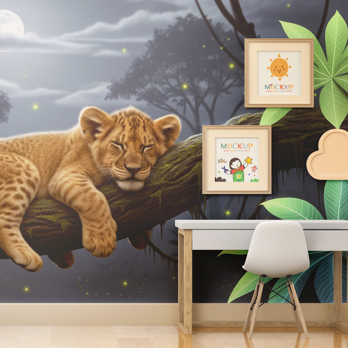 Kinderkamer behang | Slapende welp onder de maan