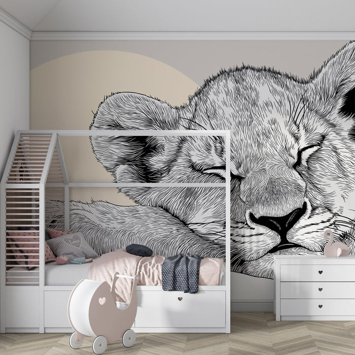 Papier peint chambre enfant | Lionceau endormi sous le ciel