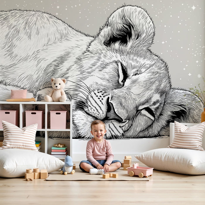 Papier peint chambre enfant | Lionceau endormi sous les étoiles en noir et blanc