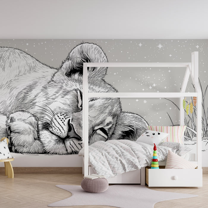 Papier peint chambre enfant | Lionceau endormi sous les étoiles en noir et blanc