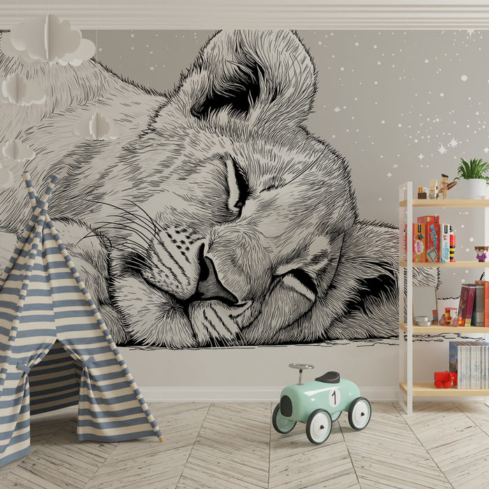 Papier peint chambre enfant | Lionceau endormi sous les étoiles en noir et blanc