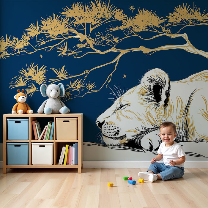Kids room wallpaper | Sleeping lion cub under a starry sky