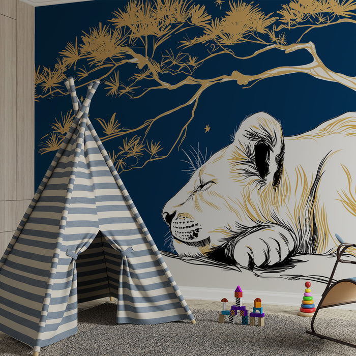 Kids room wallpaper | Sleeping lion cub under a starry sky