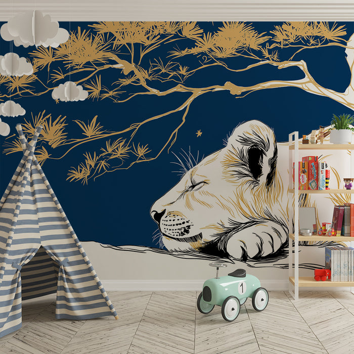 Kids room wallpaper | Sleeping lion cub under a starry sky