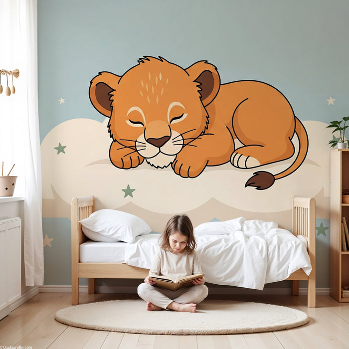 Papel pintado infantil | Cachorro de león dormido en una nube
