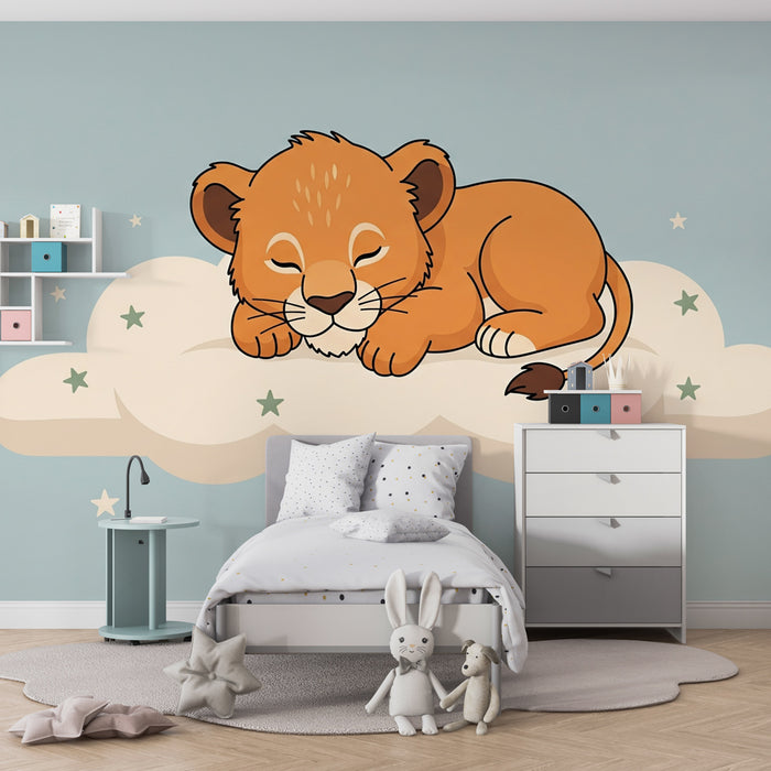 Papel pintado infantil | Cachorro de león dormido en una nube