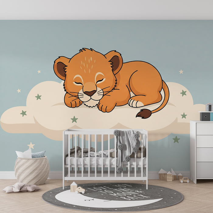 Papel pintado infantil | Cachorro de león dormido en una nube