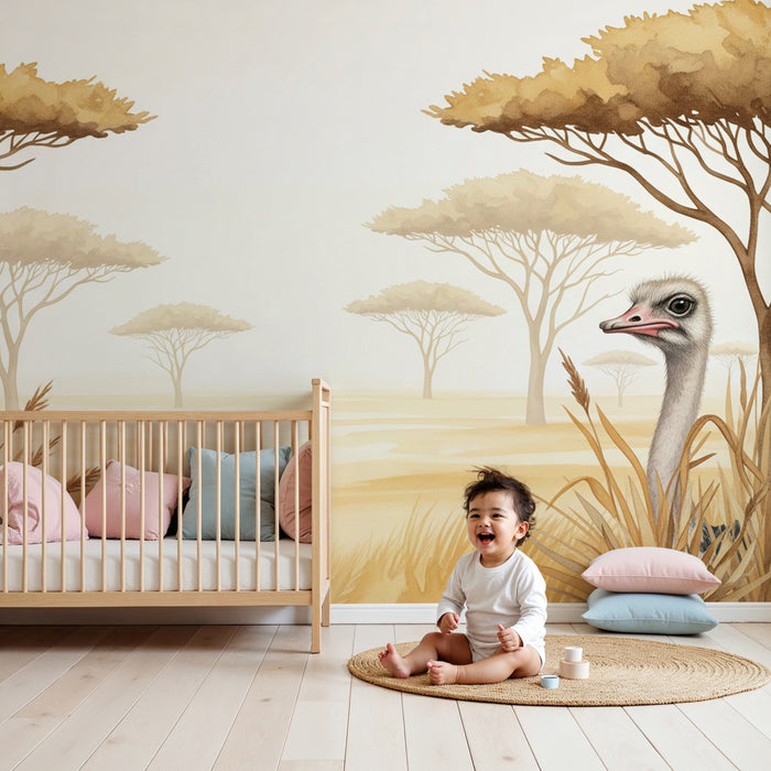 Papier peint chambre enfant | Lionceau et autruche dans la savane