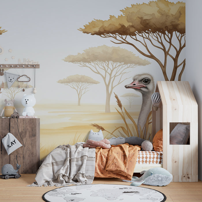 Papier peint chambre enfant | Lionceau et autruche dans la savane