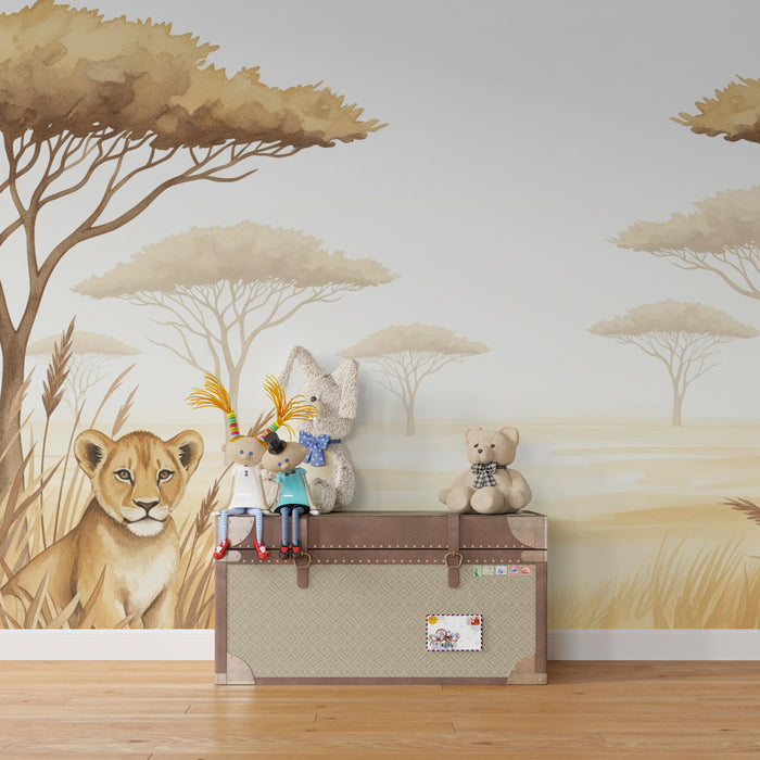 Papier peint chambre enfant | Lionceau et autruche dans la savane