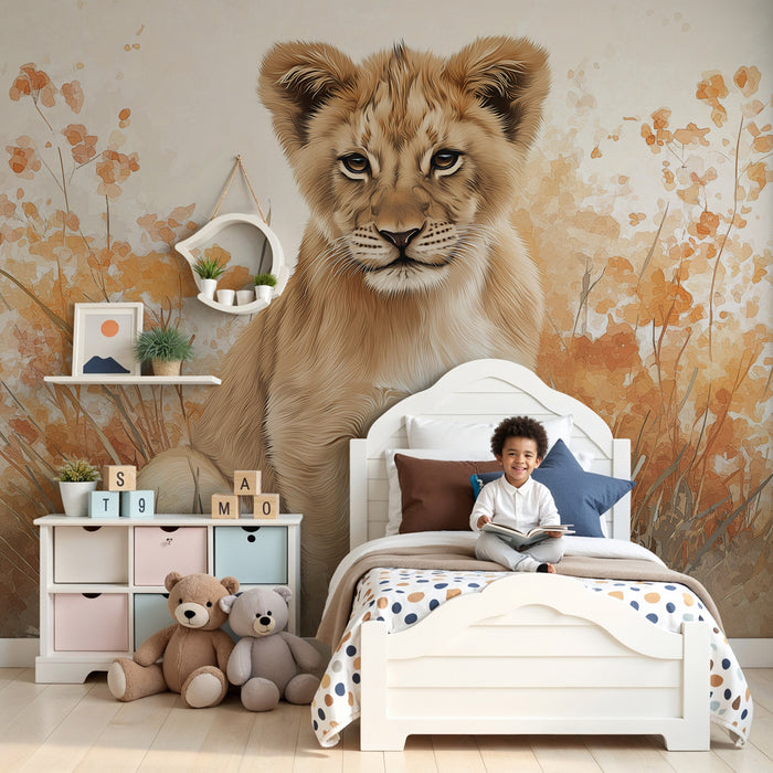 Kids room wallpaper | Lion cub and autumn foliage