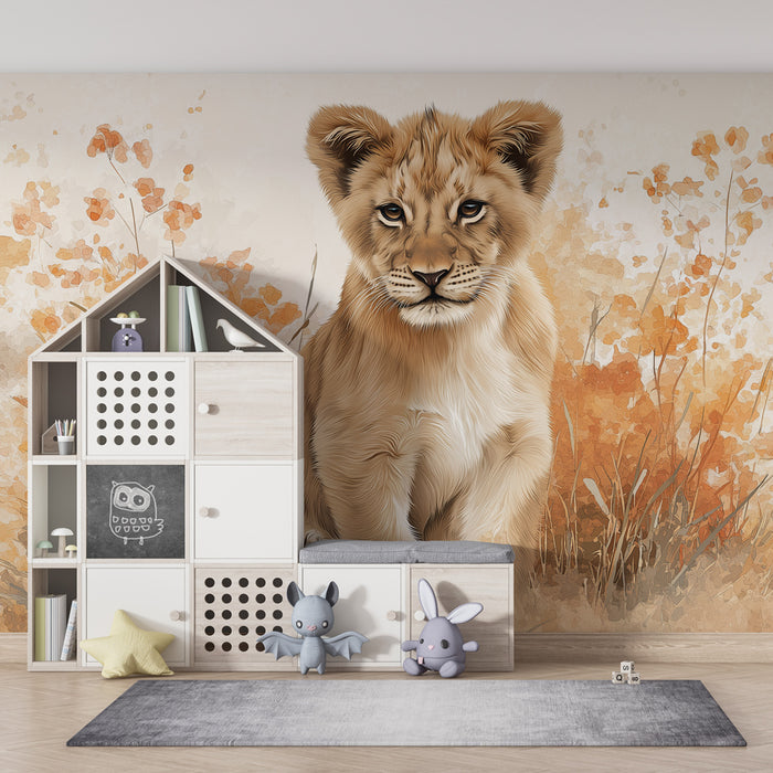 Kids room wallpaper | Lion cub and autumn foliage